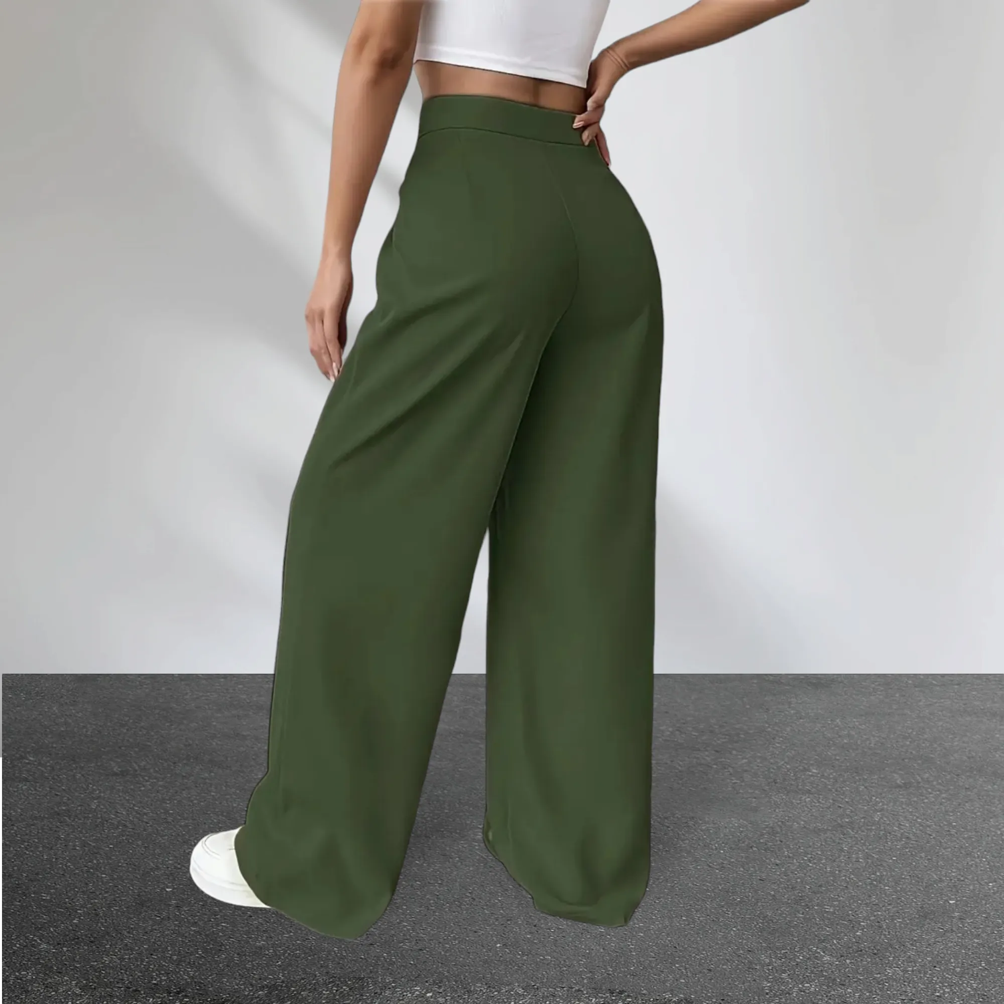 Solid Button High Waist Front Pleated Straight Leg Pants