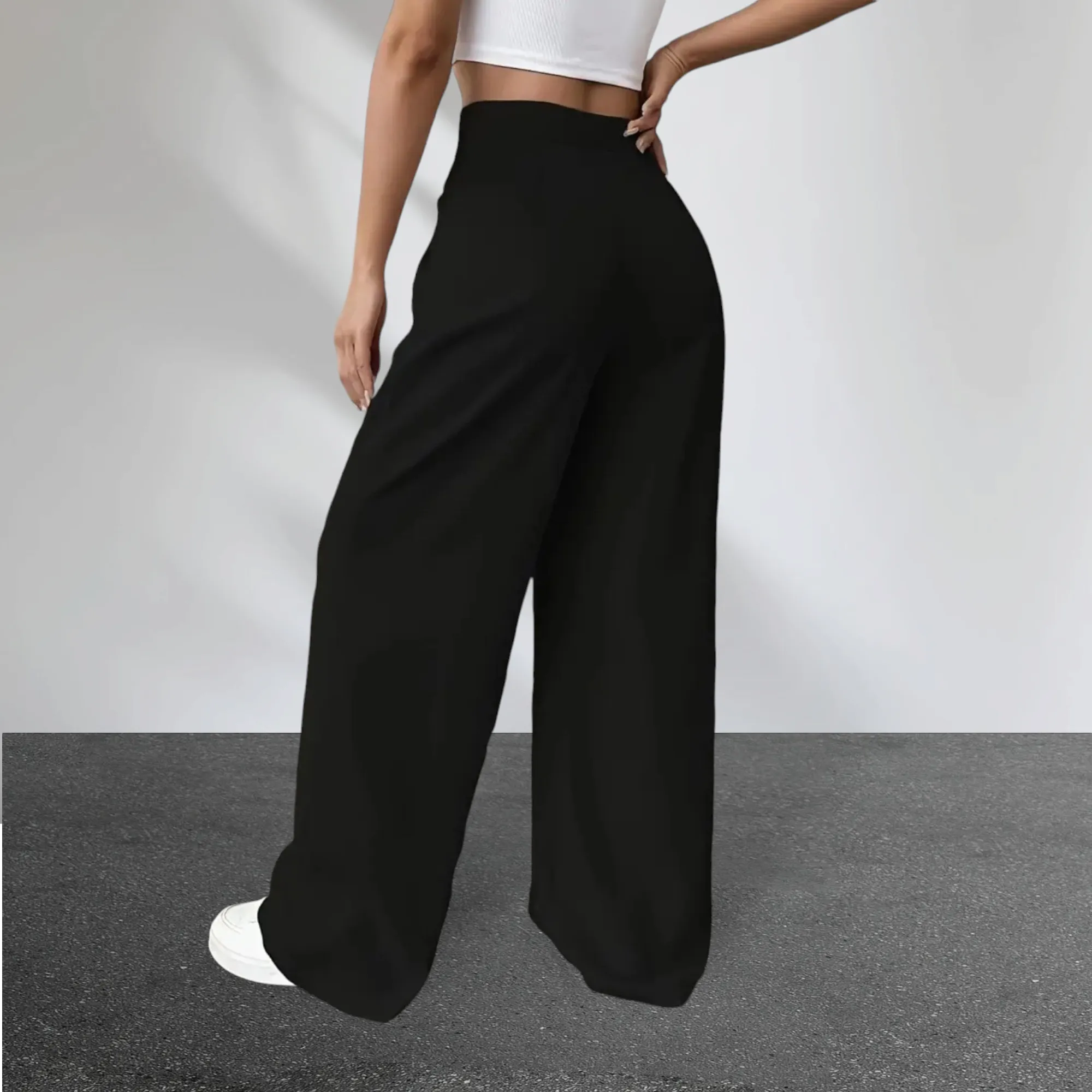 Solid Button High Waist Front Pleated Straight Leg Pants