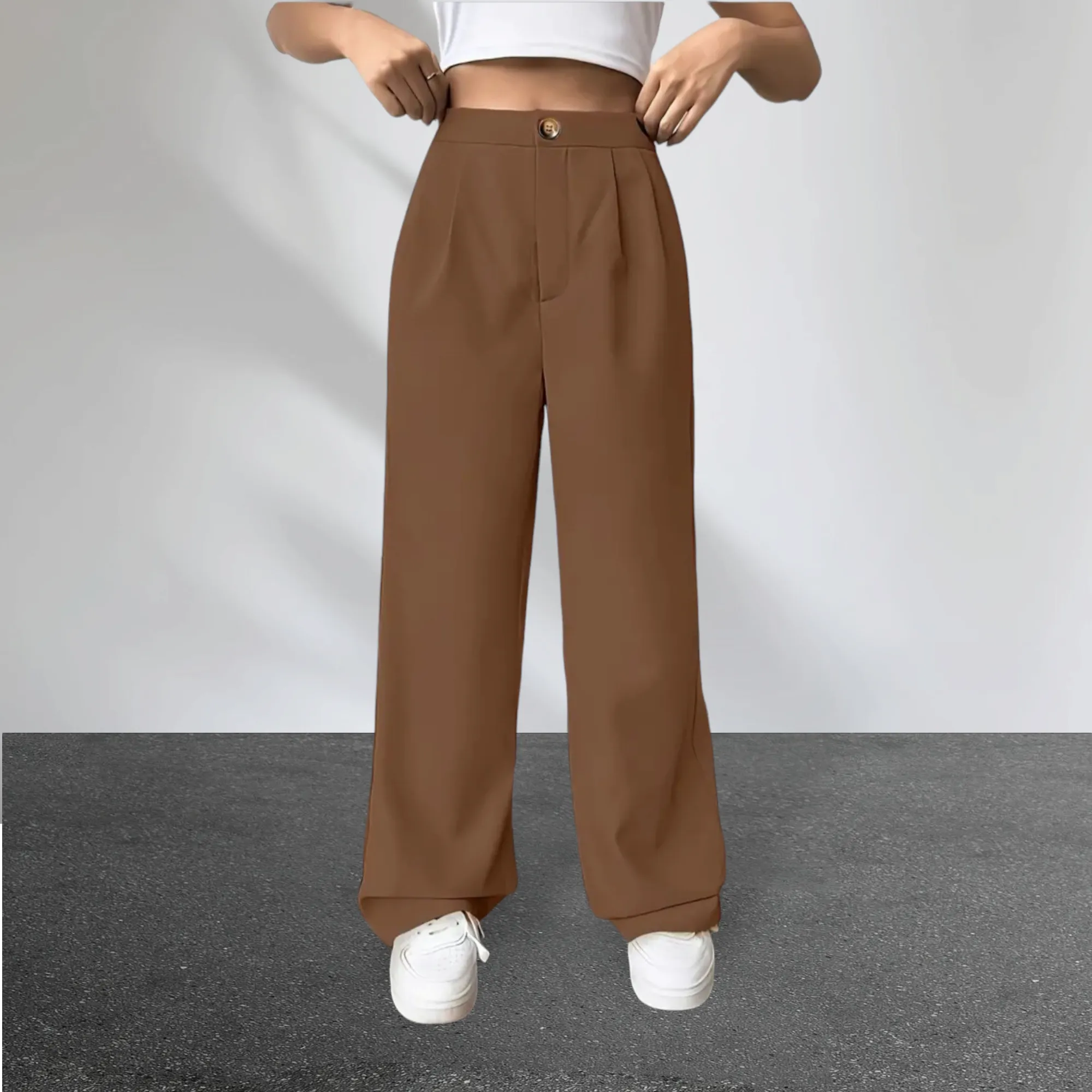 Solid Button High Waist Front Pleated Straight Leg Pants