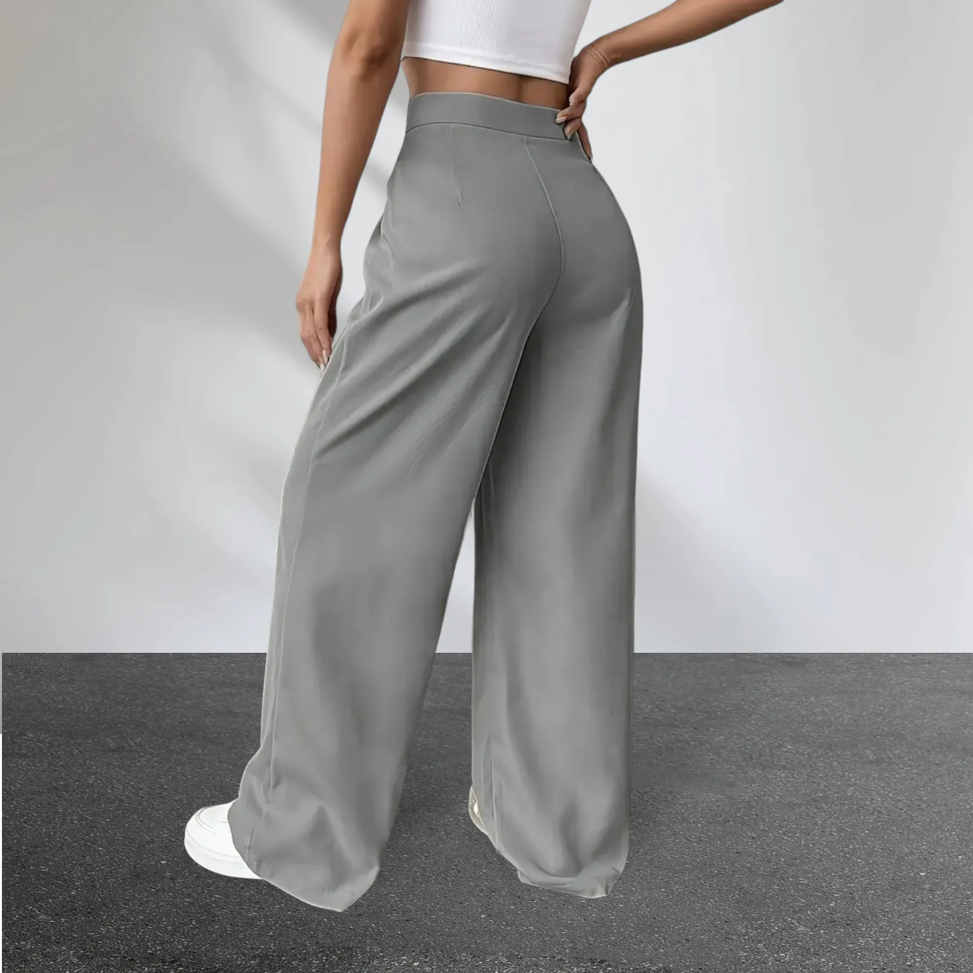 Solid Button High Waist Front Pleated Straight Leg Pants