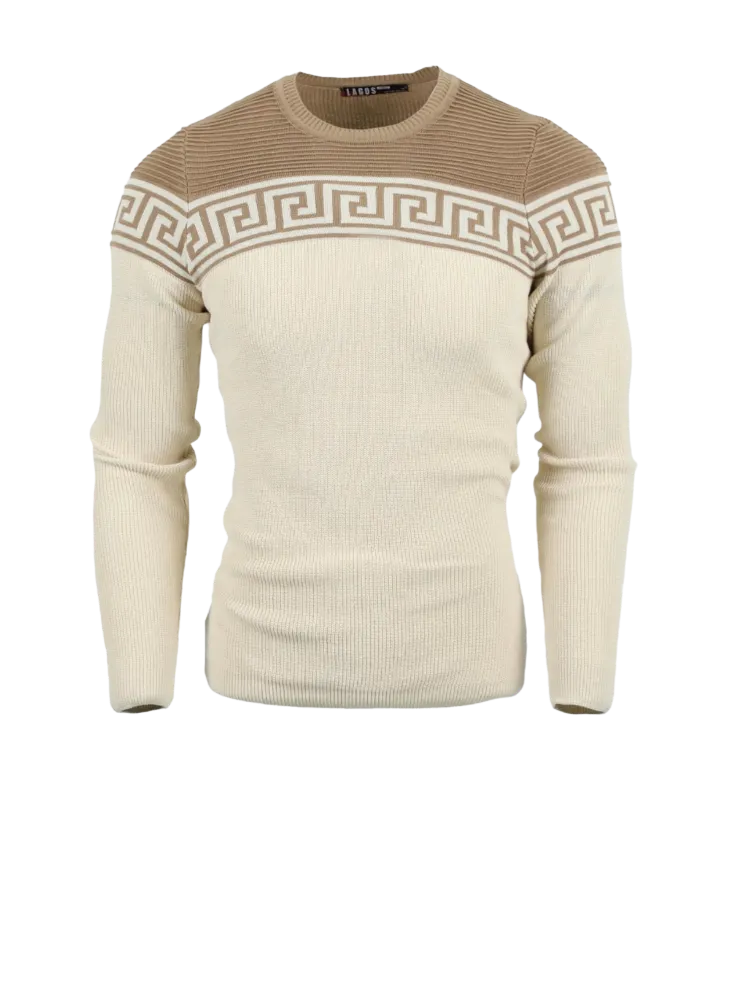 Tan Men's Fashion Design Crewneck Sweaters Greek Key style Light Blend Slim Fit