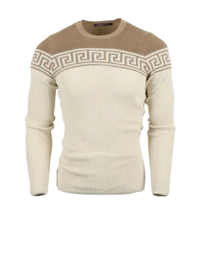 Tan Men's Fashion Design Crewneck Sweaters Greek Key style Light Blend Slim Fit