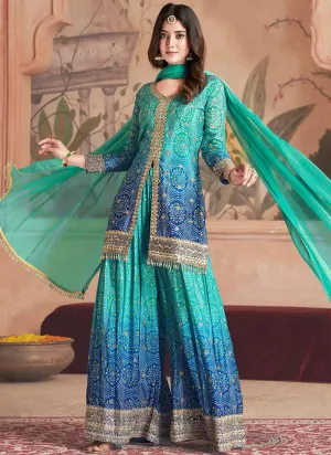 Teal Blue Ombré Embroidered Kurti And Palazzo