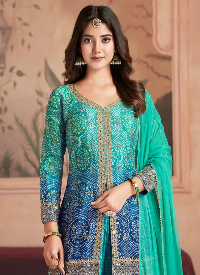 Teal Blue Ombré Embroidered Kurti And Palazzo