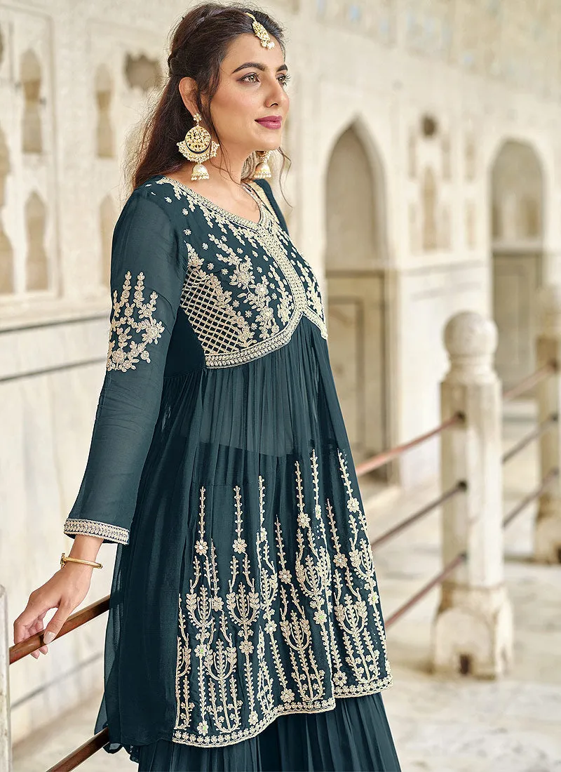 Turquoise Embroidered Designer Gharara Style Suit