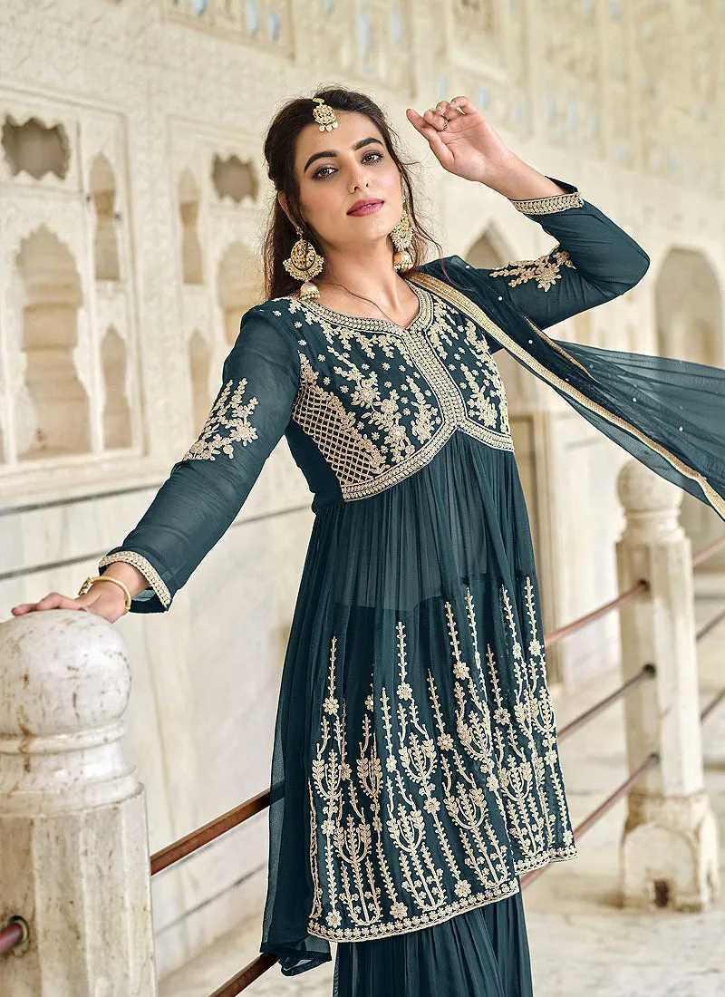 Turquoise Embroidered Designer Gharara Style Suit