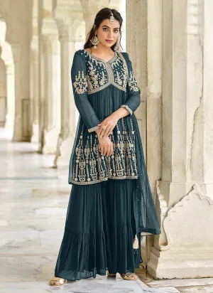 Turquoise Embroidered Designer Gharara Style Suit