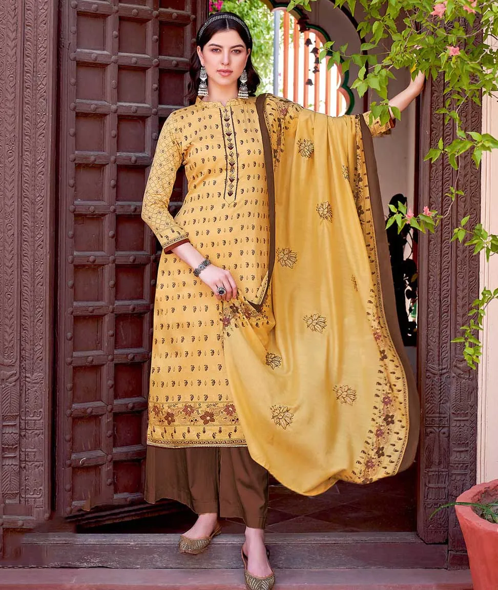 Unstitched Yellow Pure Cotton Suits Dress Material for Ladies