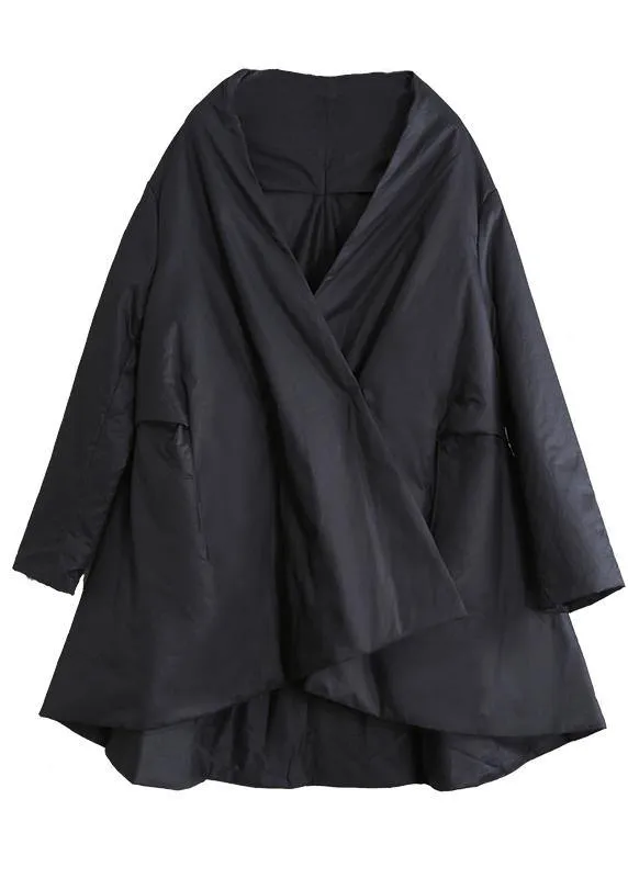 Warm oversize down jacket overcoat black v neck pockets coats