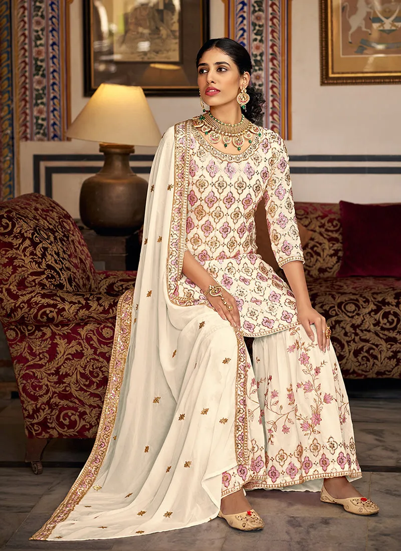 White Sequence Embroidery Traditional Gharara Suit