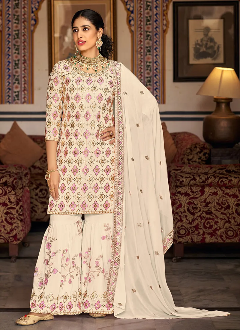 White Sequence Embroidery Traditional Gharara Suit