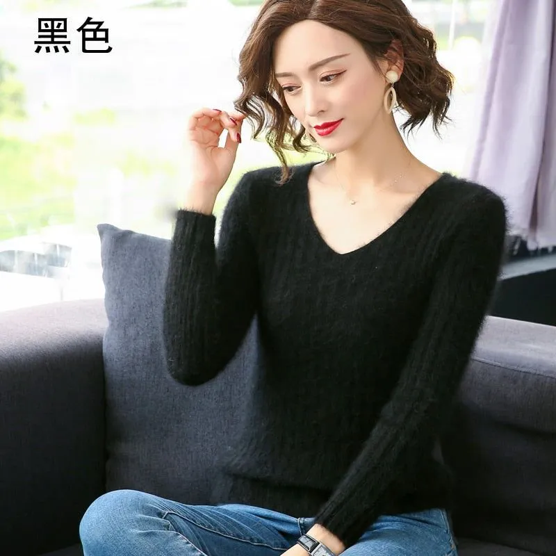 Women Winter Soft Mink Cashmere Knit V-neck Sweaters