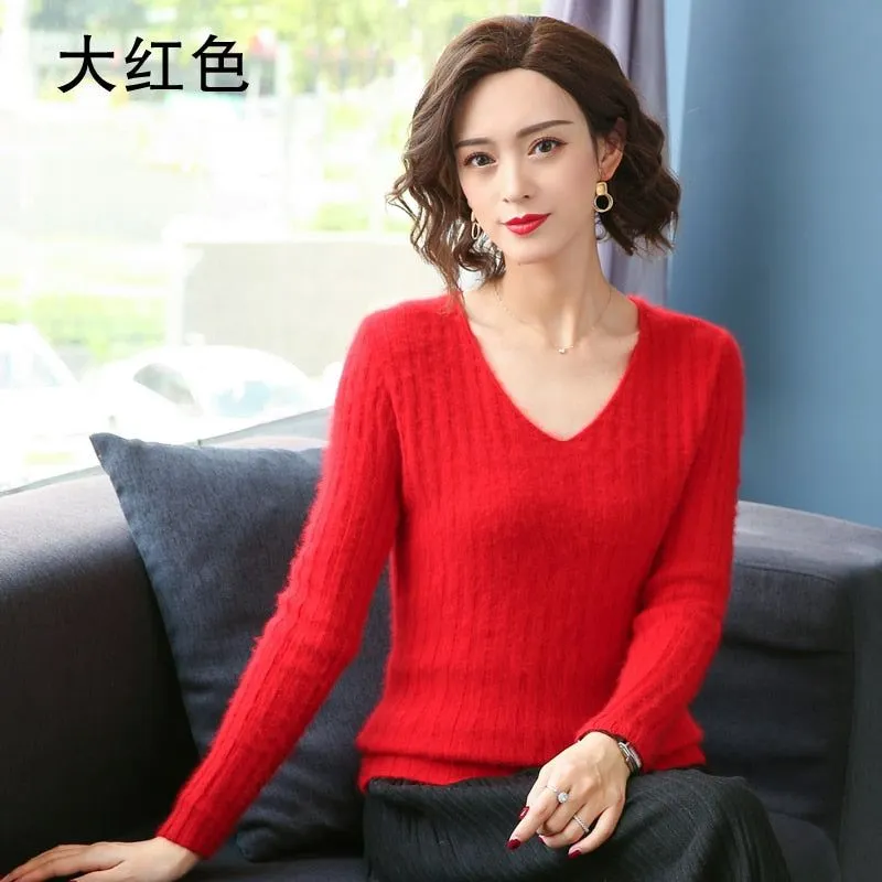 Women Winter Soft Mink Cashmere Knit V-neck Sweaters