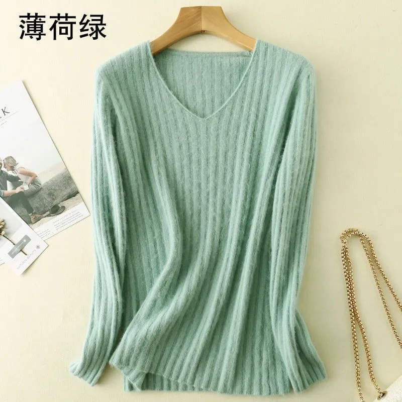 Women Winter Soft Mink Cashmere Knit V-neck Sweaters