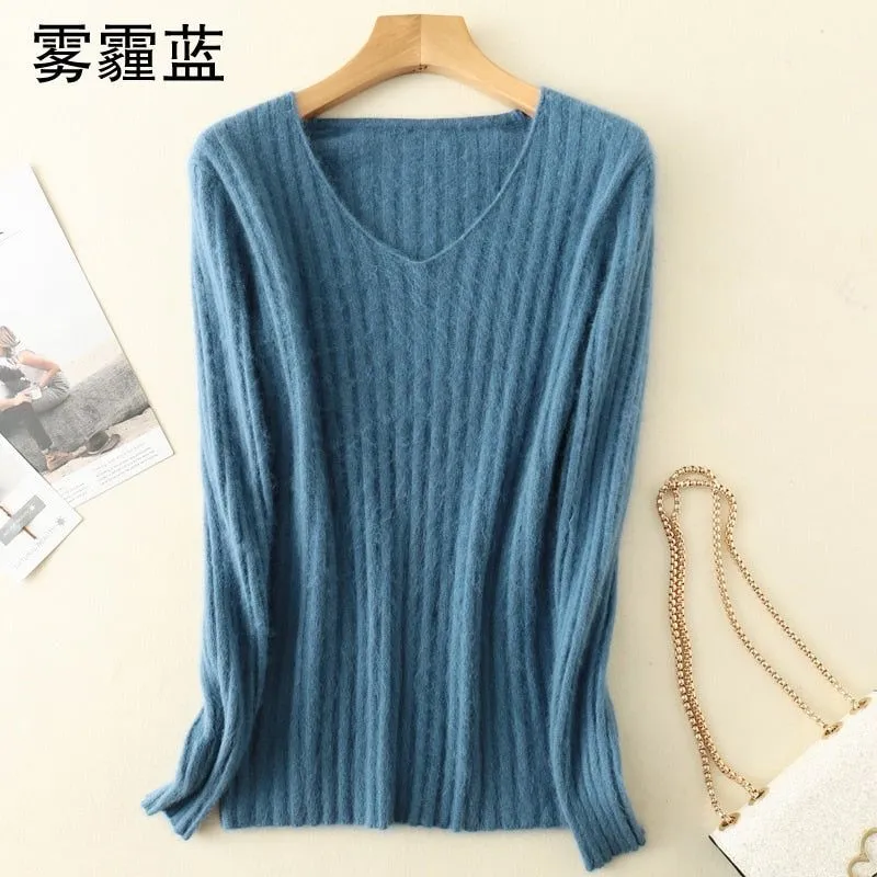 Women Winter Soft Mink Cashmere Knit V-neck Sweaters