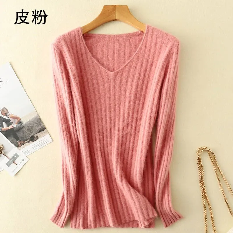 Women Winter Soft Mink Cashmere Knit V-neck Sweaters