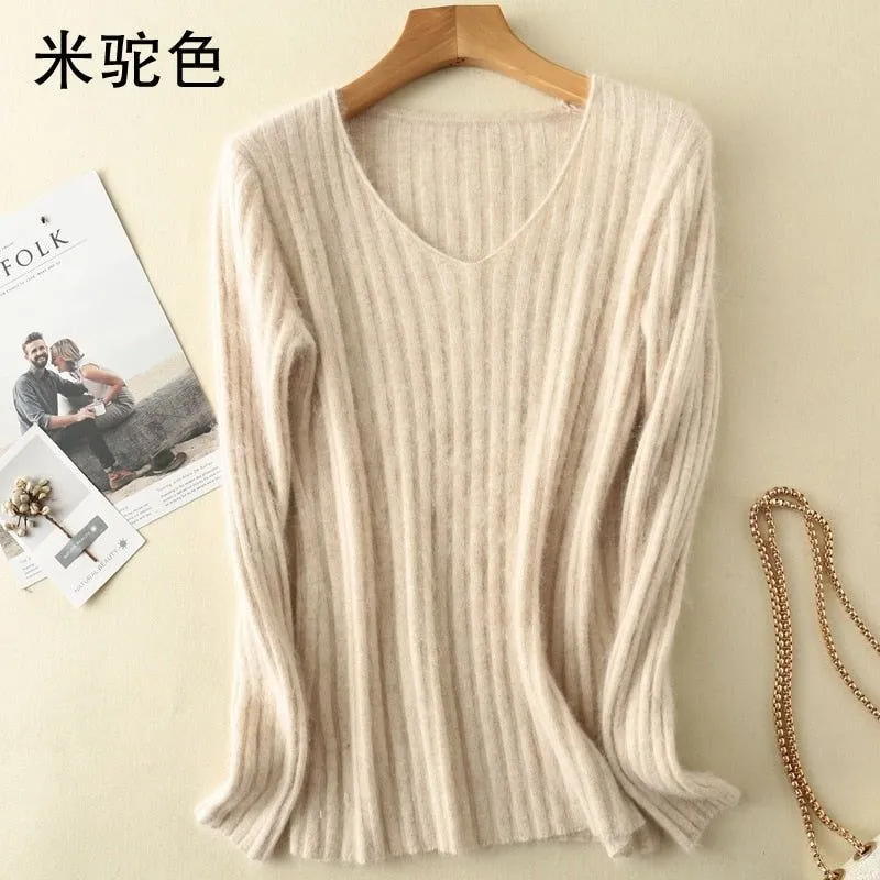 Women Winter Soft Mink Cashmere Knit V-neck Sweaters