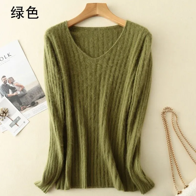 Women Winter Soft Mink Cashmere Knit V-neck Sweaters