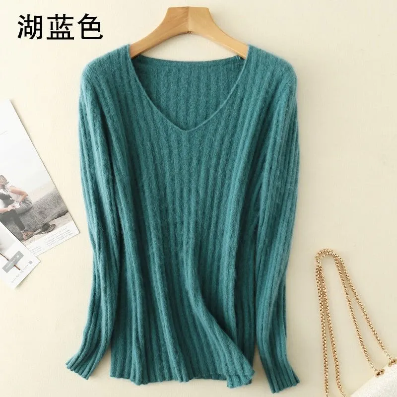 Women Winter Soft Mink Cashmere Knit V-neck Sweaters