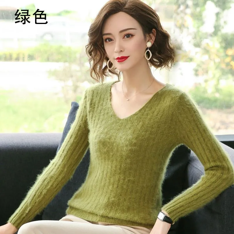 Women Winter Soft Mink Cashmere Knit V-neck Sweaters