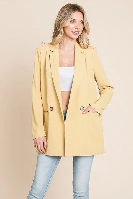 Yellow Long Double Breasted Lapel Collar Blazers