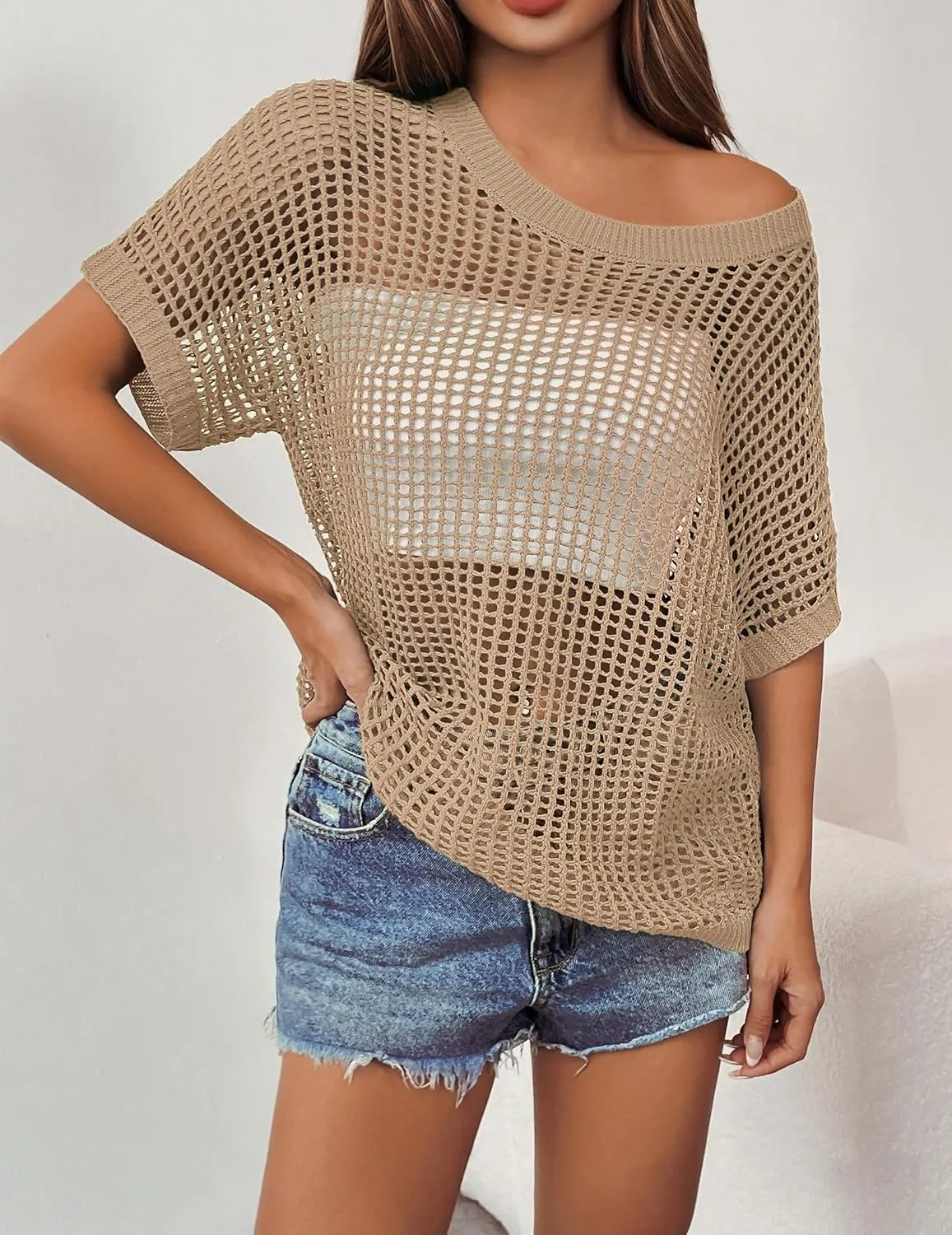 Zeagoo Short Sleeve Crochet Sweater Tops