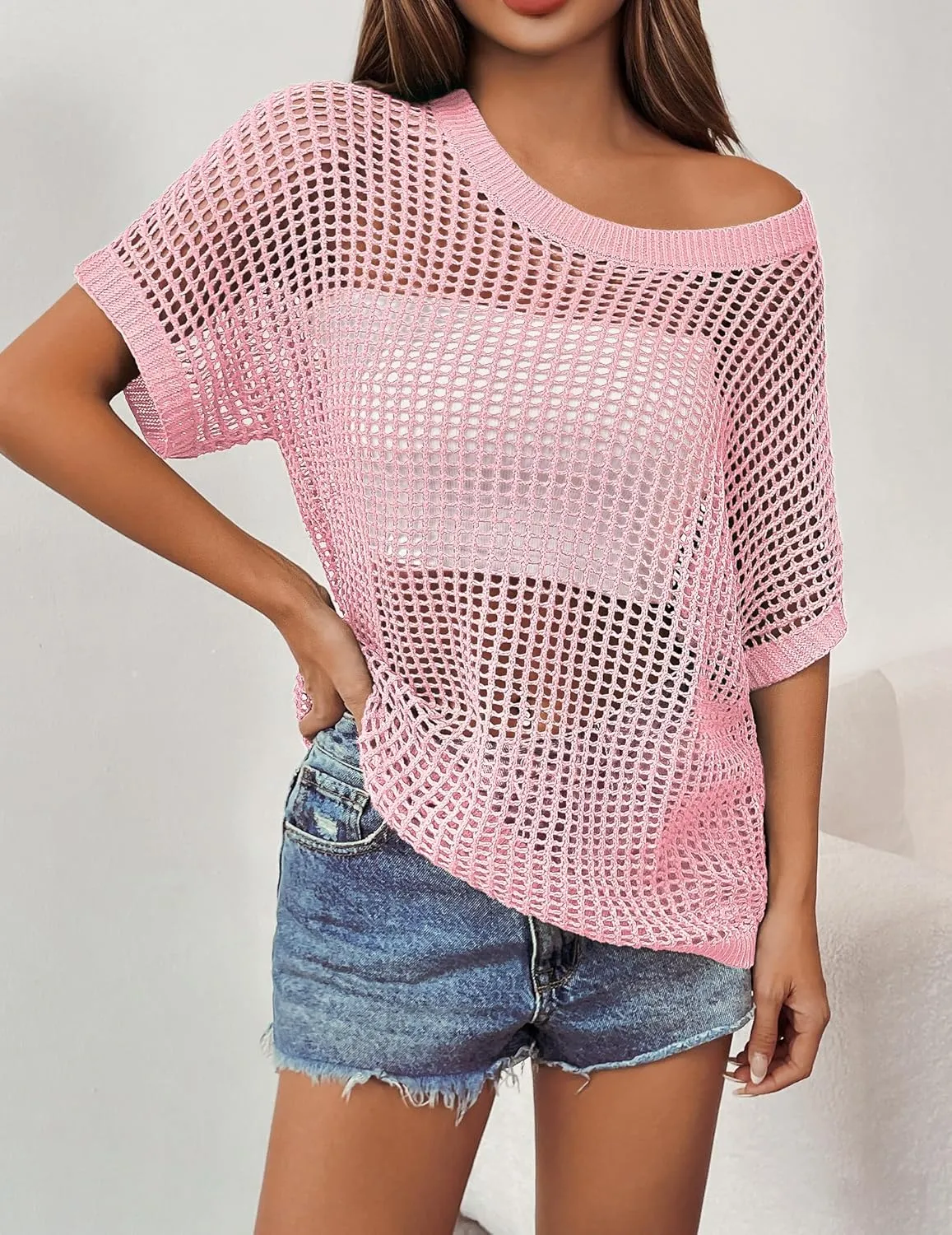 Zeagoo Short Sleeve Crochet Sweater Tops