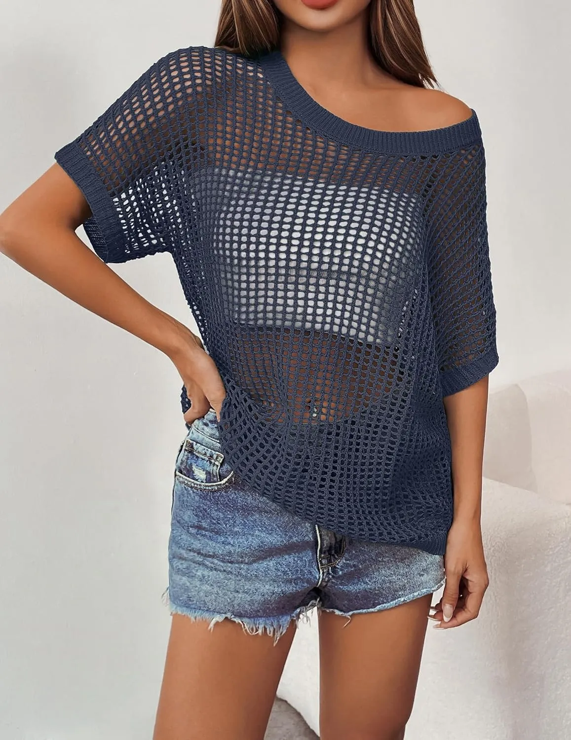 Zeagoo Short Sleeve Crochet Sweater Tops