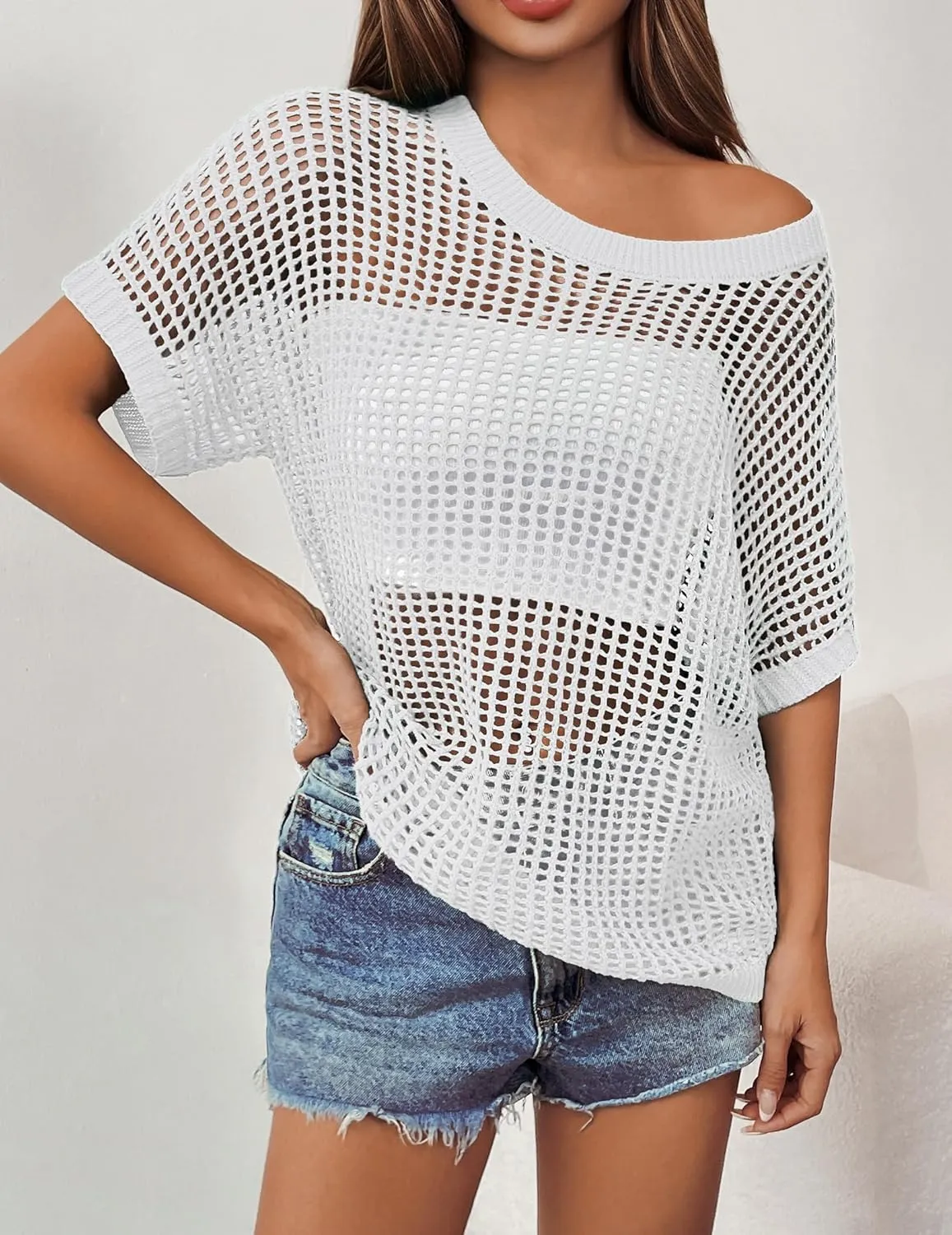 Zeagoo Short Sleeve Crochet Sweater Tops