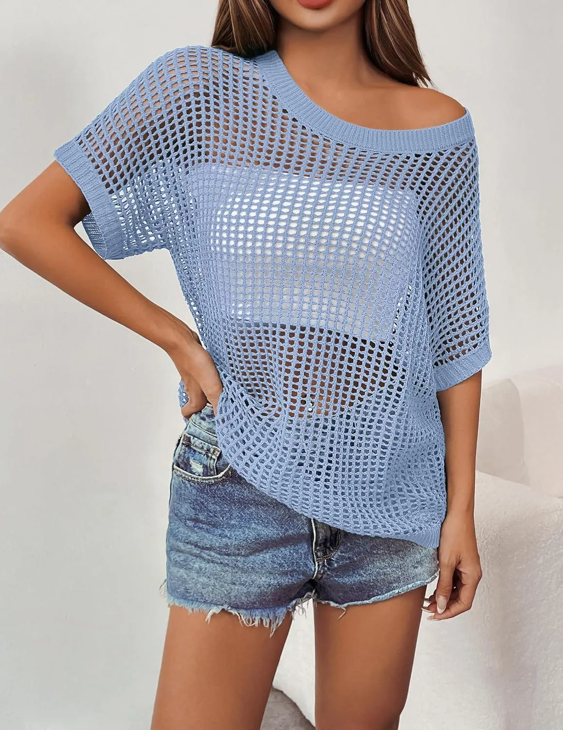 Zeagoo Short Sleeve Crochet Sweater Tops