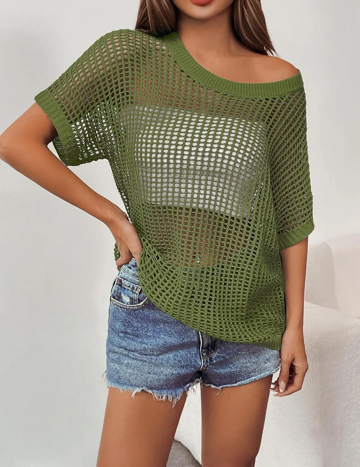 Zeagoo Short Sleeve Crochet Sweater Tops