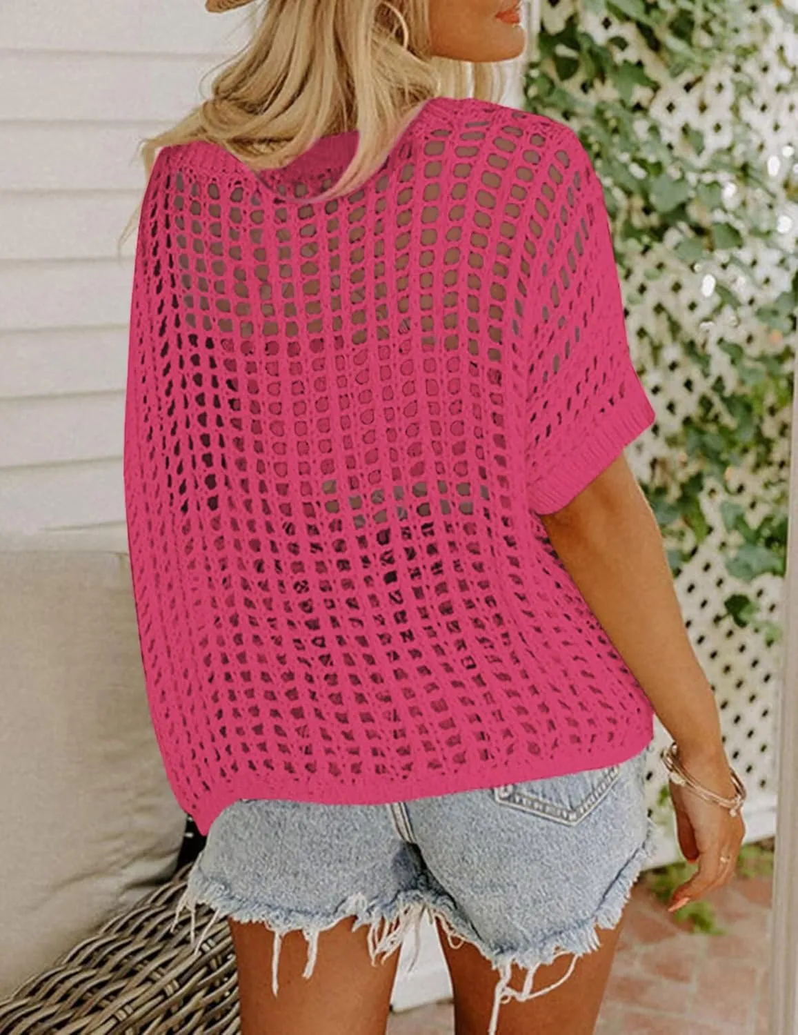 Zeagoo Short Sleeve Crochet Sweater Tops