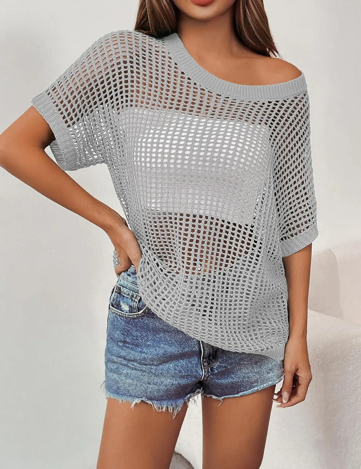 Zeagoo Short Sleeve Crochet Sweater Tops