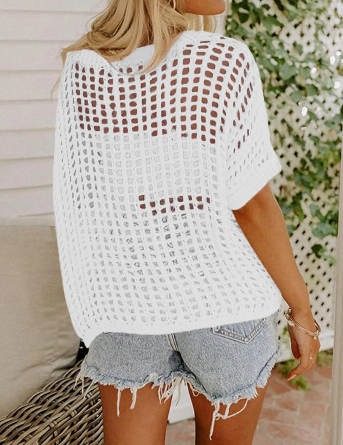 Zeagoo Short Sleeve Crochet Sweater Tops